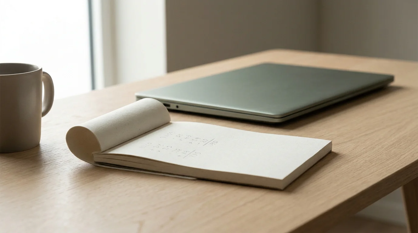 Notizblock mit handschriftlicher Rechnung neben einem Laptop auf hellem Holztisch