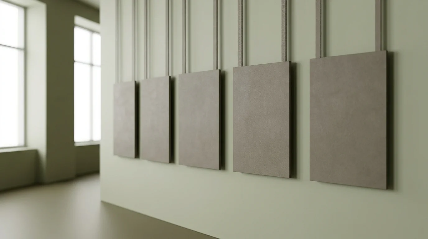 Sechs gleich aussehende leere Schilder in einer Reihe an einer hellen Wand