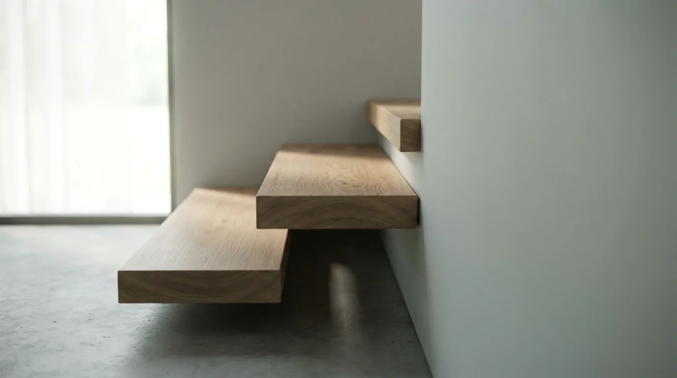 Drei aufsteigende Stufen aus schlichtem Holz vor heller Wand