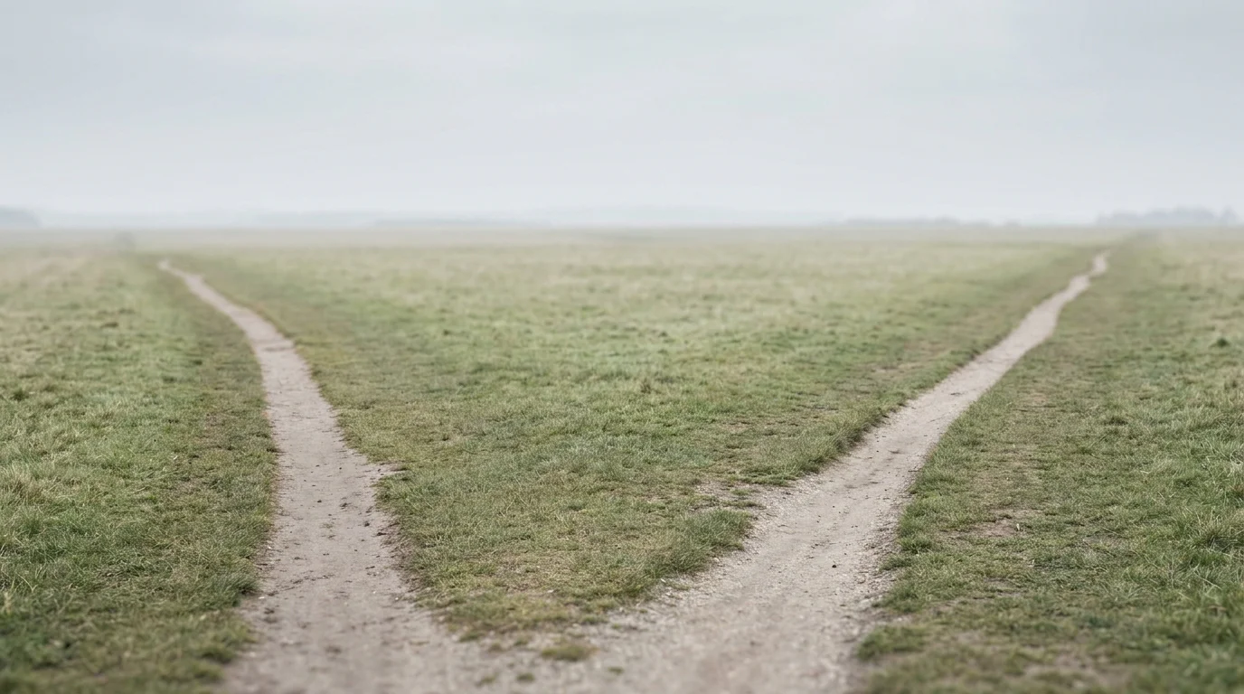 Zwei Wege die sich vor einem weiten hellen Horizont trennen