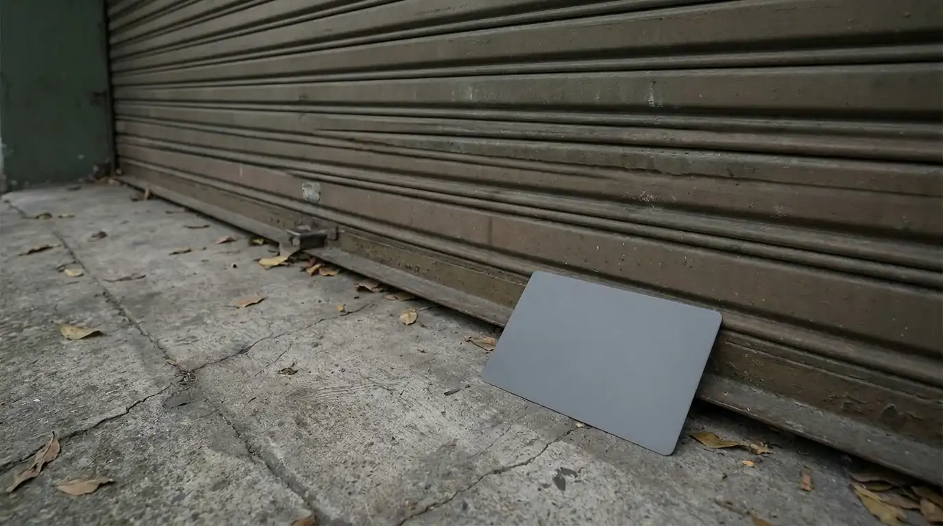 Eine schlichte Geschenkkarte liegt vor einem geschlossenen Rollladen