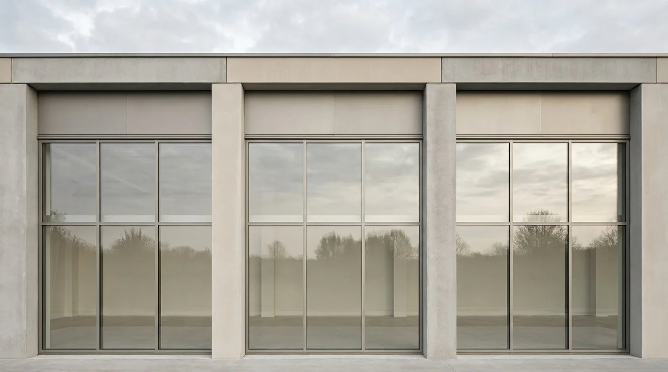Reihe gleichförmiger Schaufenster einer schlichten Ladenzeile bei bedecktem Himmel