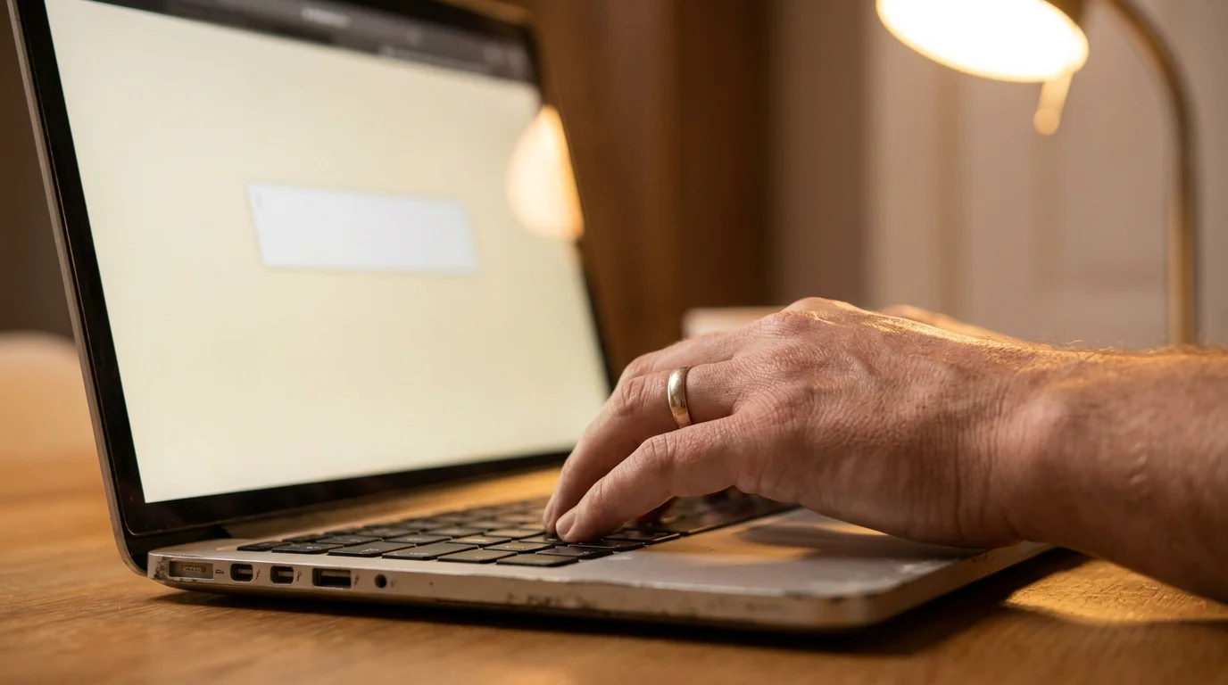 Hand tippt auf einer Tastatur vor einem leeren Eingabefeld auf einem Bildschirm