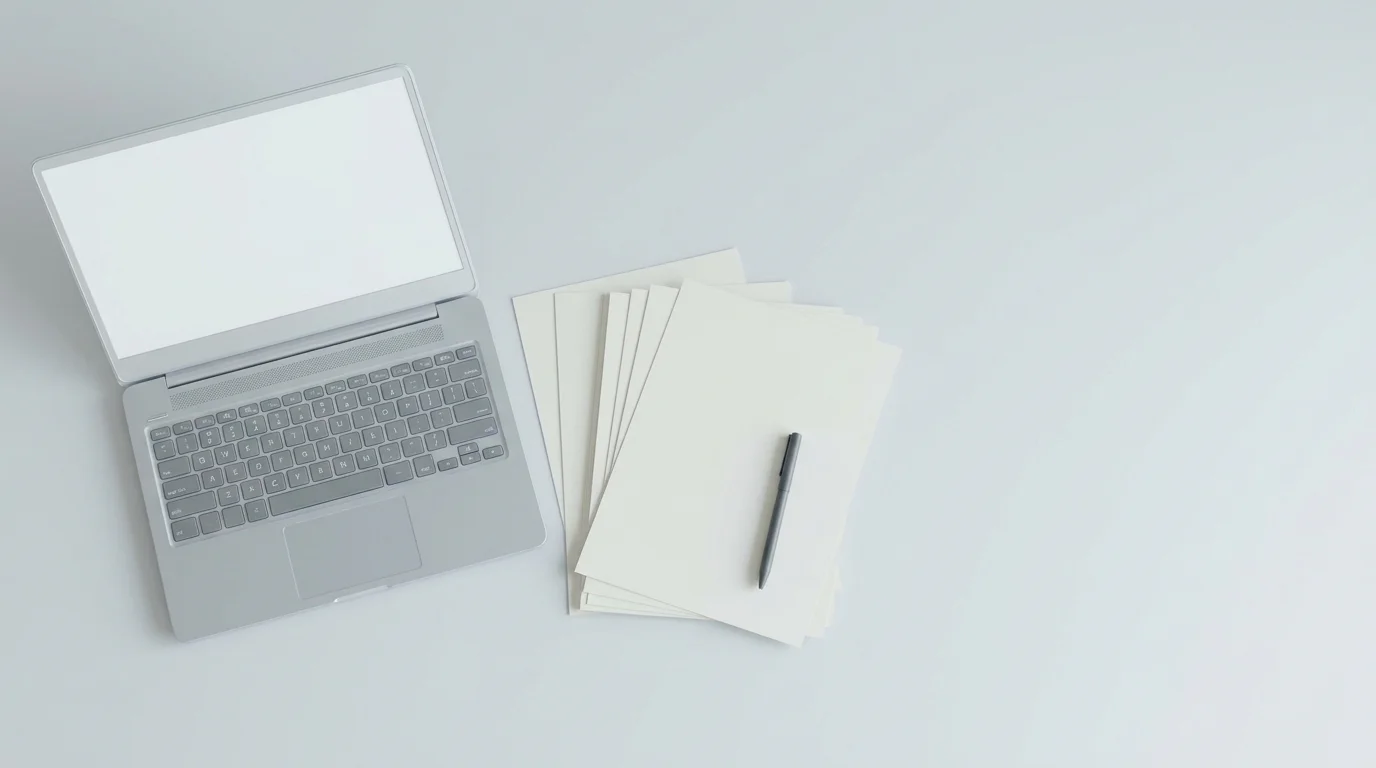 Aufgefächerte Papierunterlagen neben einem Laptop an einem aufgeräumten Arbeitsplatz
