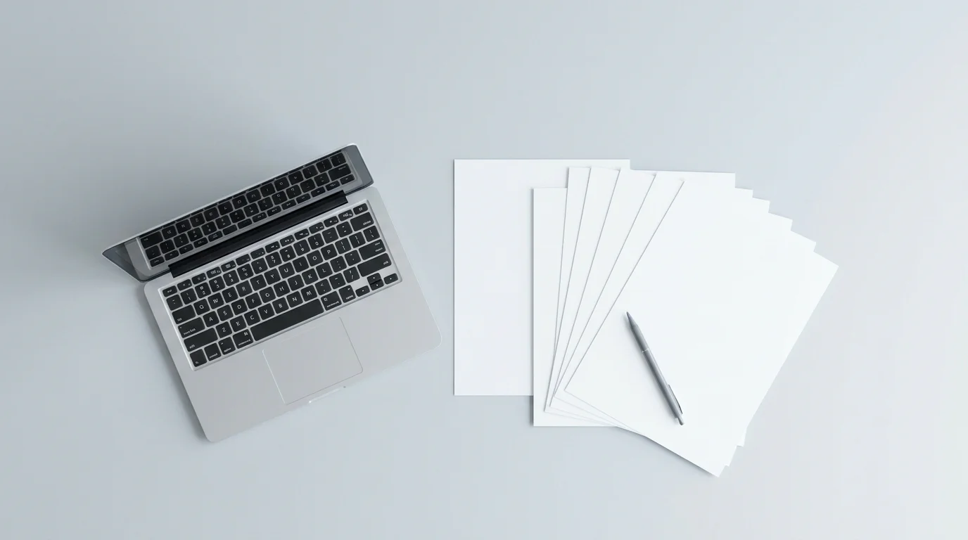 Aufgefächerte Papierunterlagen neben einem Laptop an einem aufgeräumten Arbeitsplatz