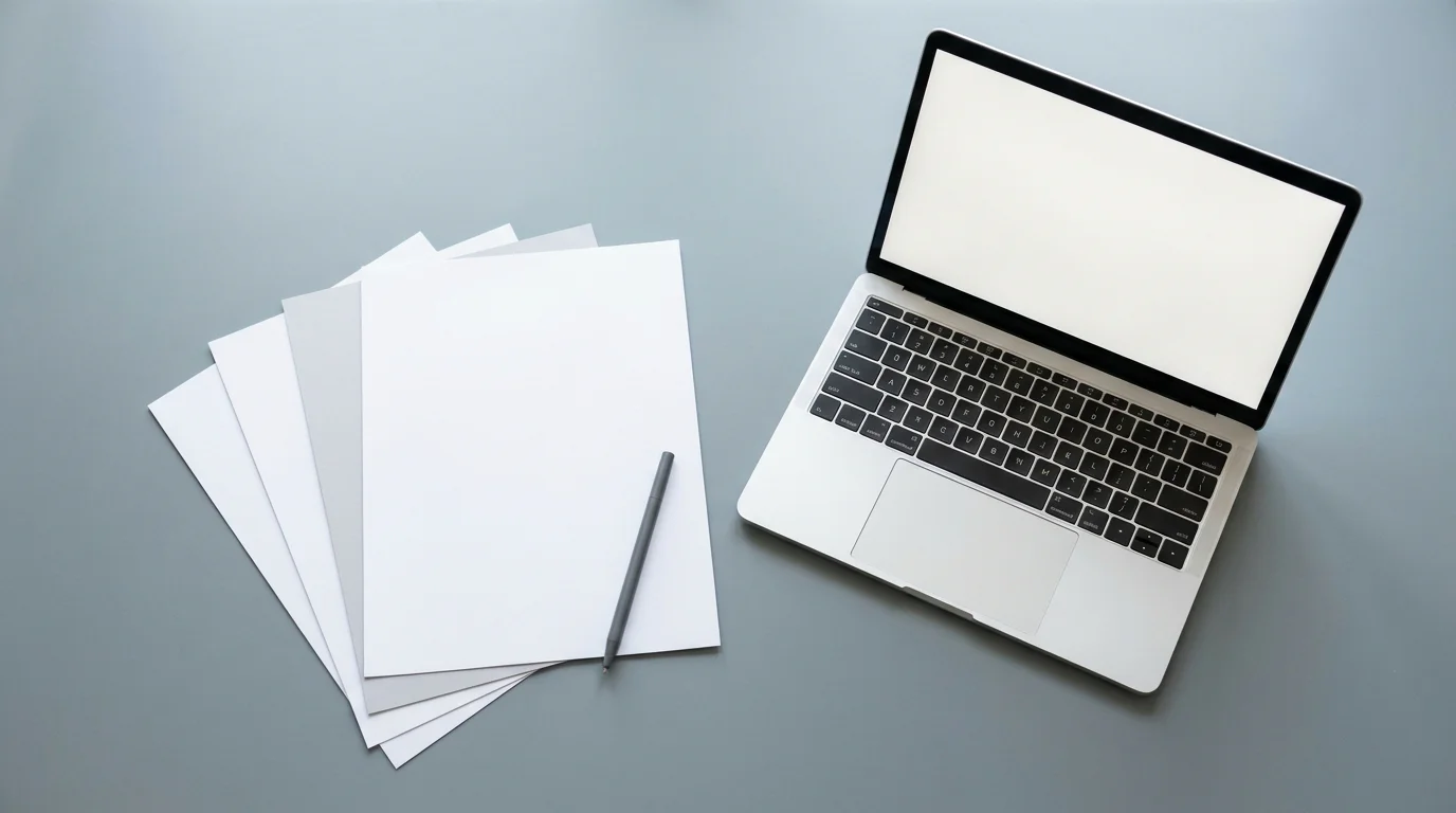 Aufgefächerte Papierunterlagen neben einem Laptop an einem aufgeräumten Arbeitsplatz