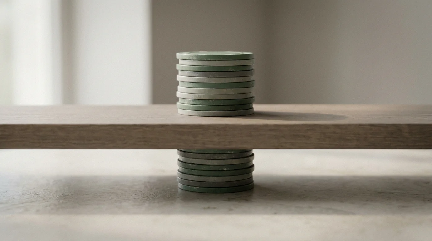 Niedriger Deckel ueber einem hohen Stapel neutraler Spielmarken auf heller Flaeche