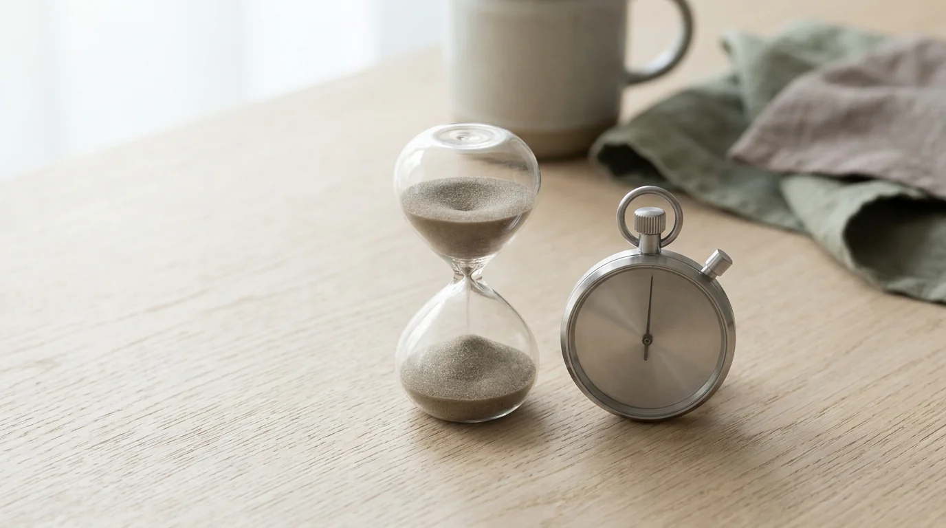 Sanduhr neben einer schlichten Stoppuhr auf heller Tischplatte