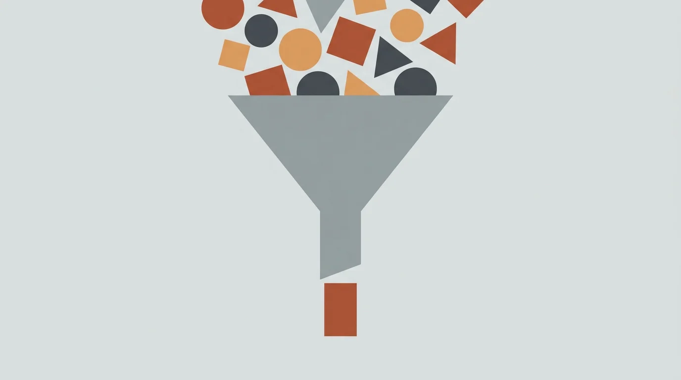 Breiter Trichter, in den viele Formen laufen und aus dem nur eine austritt