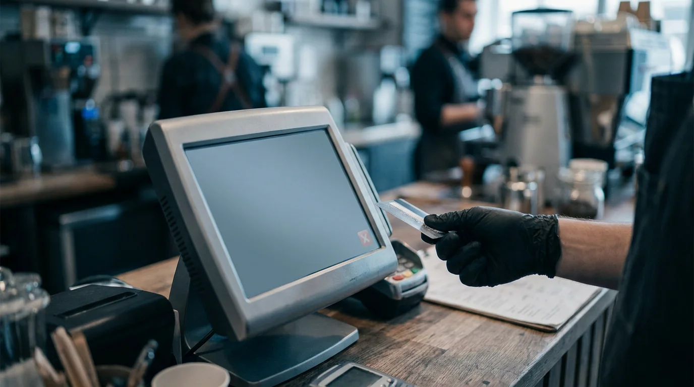 Ein Kartenterminal auf einem Tresen, eine Hand zieht die Karte zurück