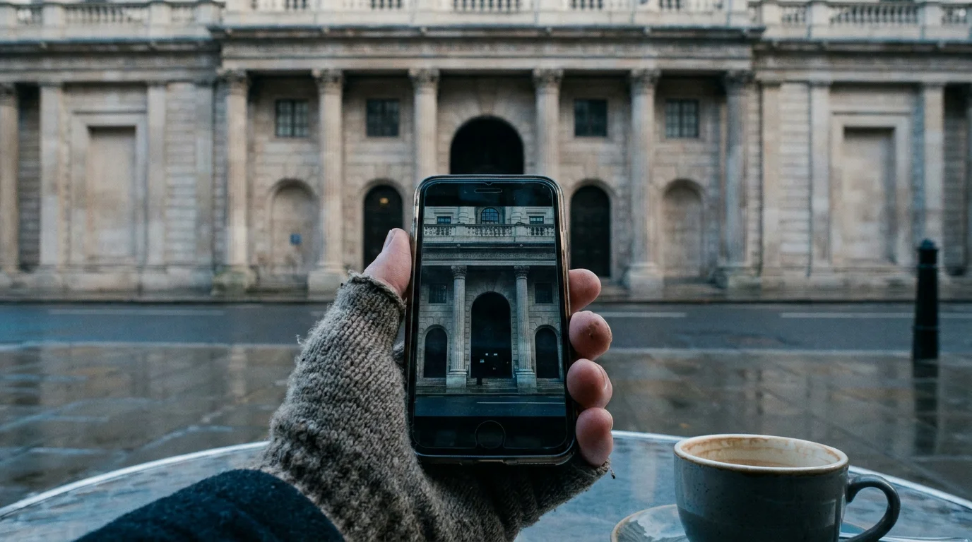 Eine Bankfassade spiegelt sich im Bildschirm eines Smartphones