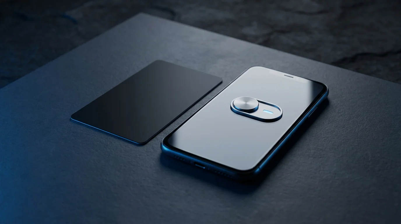 Eine Bankkarte neben einem Smartphone mit einem umgelegten Schalter