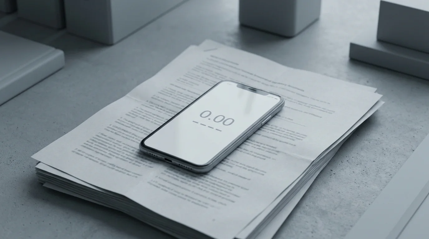 Ein Smartphone mit leerem Guthabenbildschirm auf einem gefalteten Regelwerk