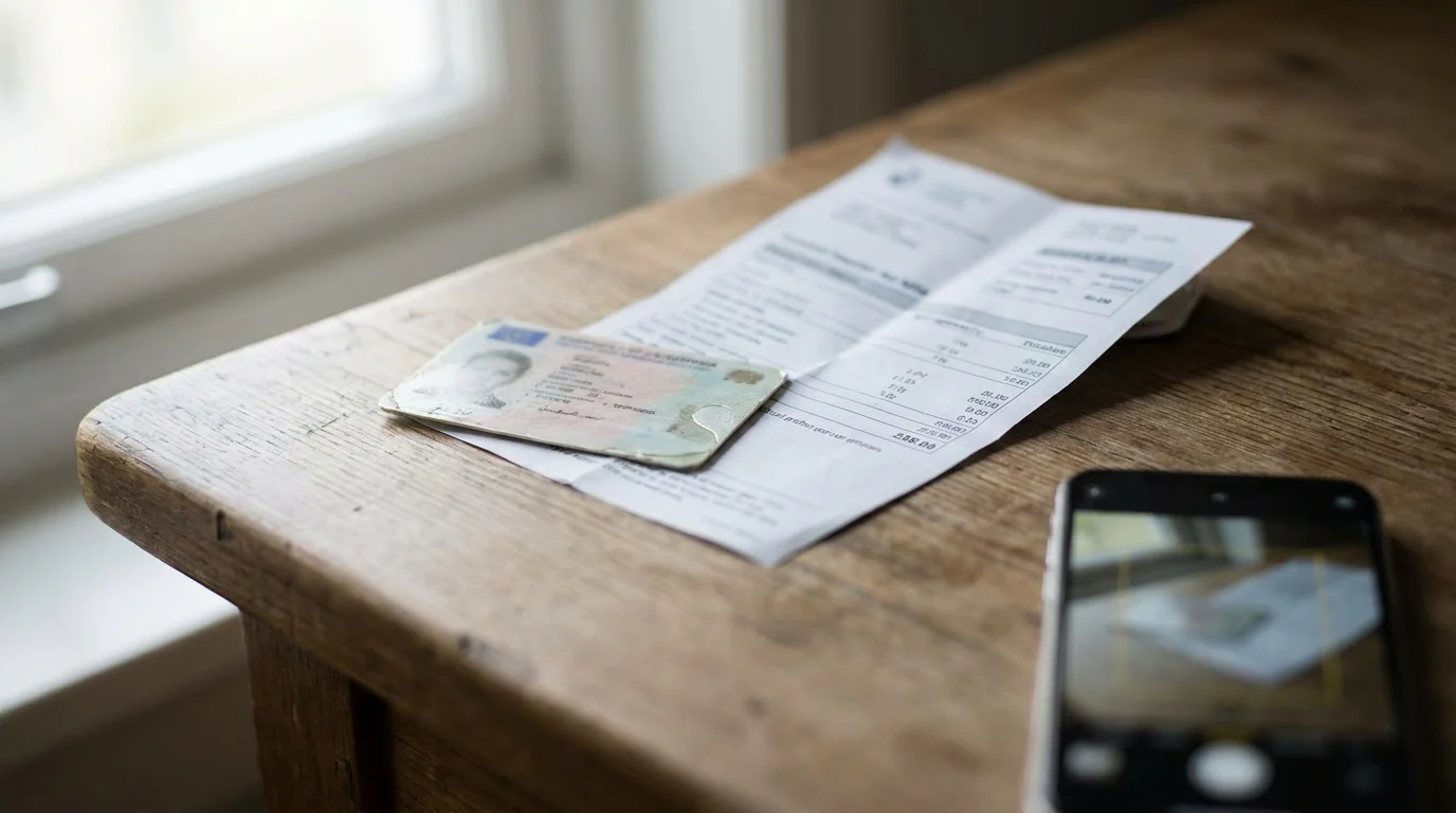 Ein Ausweisdokument und eine Rechnung neben einem Smartphone-Kamerarahmen