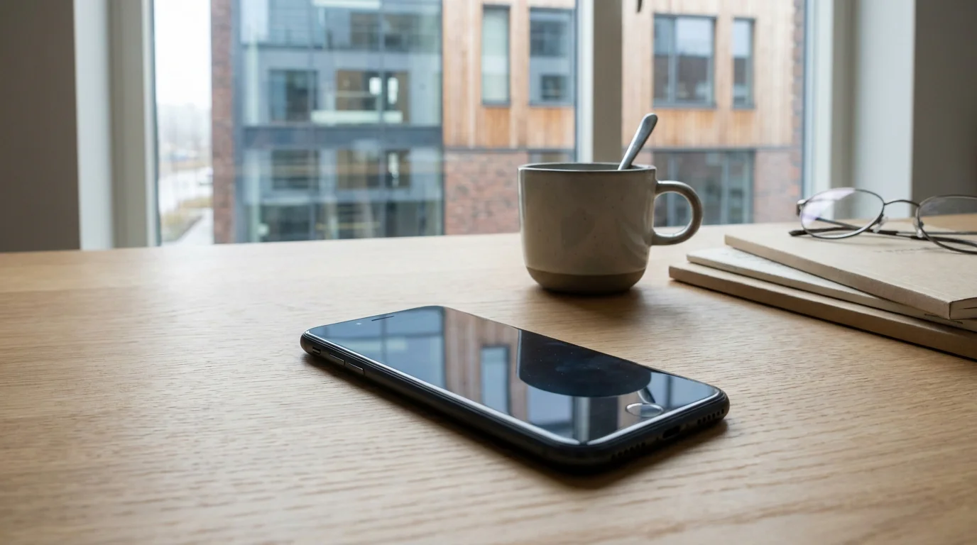 Eine skandinavische Bürofassade spiegelt sich im Bildschirm eines Smartphones