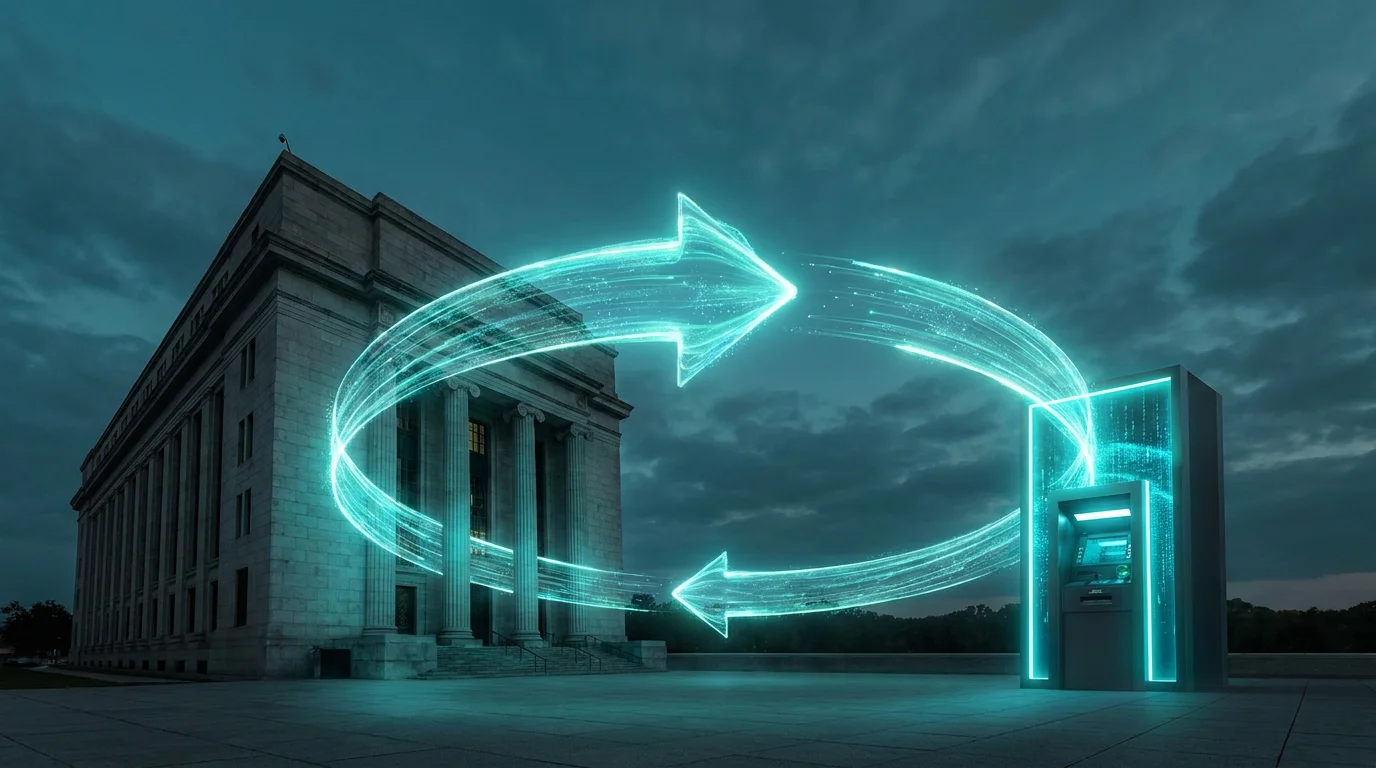 Zwei gleich starke Lichtpfeile bilden eine Schleife zwischen Bank und Terminal
