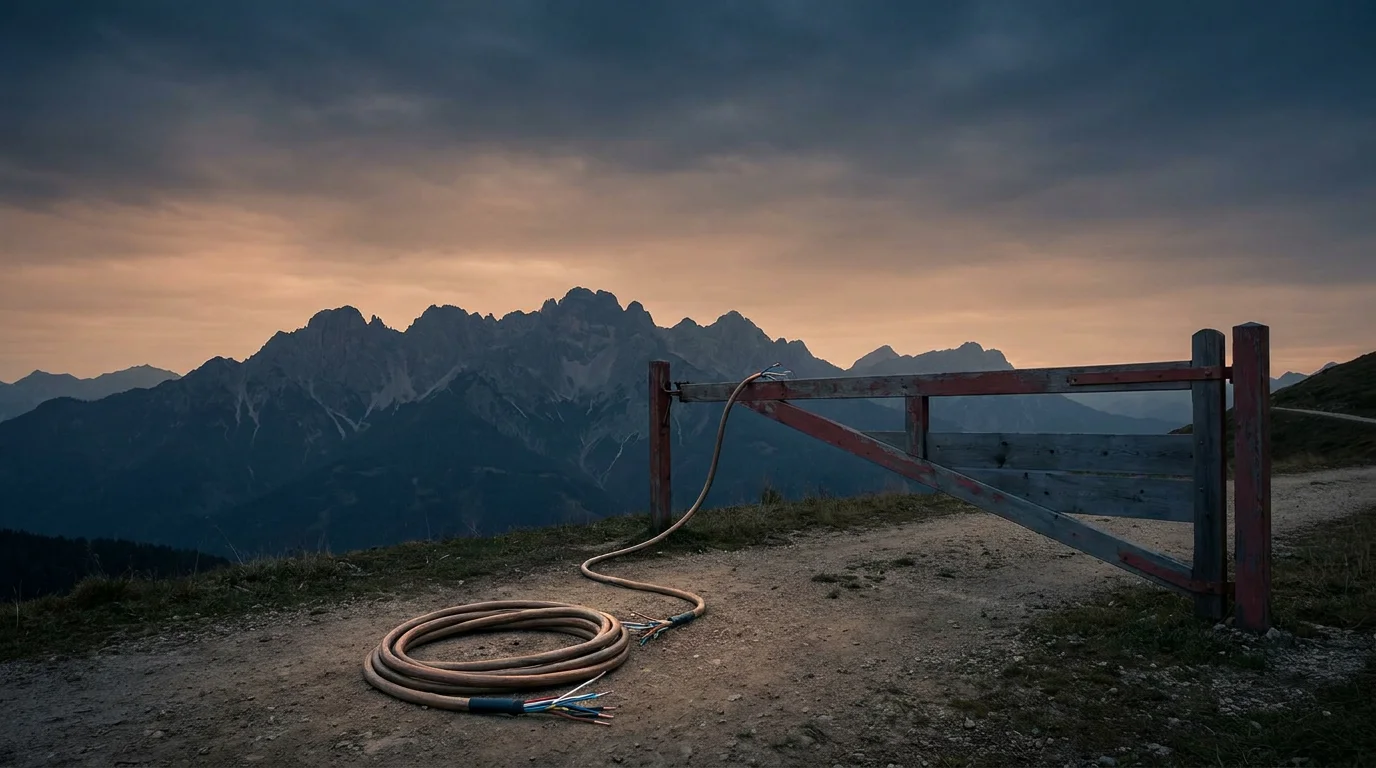 Ein Netzwerkkabel endet an einer geschlossenen Schranke vor Bergsilhouette