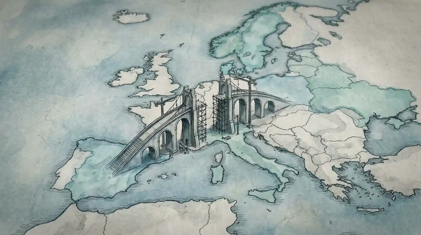 Eine Europakarte mit vier hervorgehobenen Regionen und einer Brücke im Bau