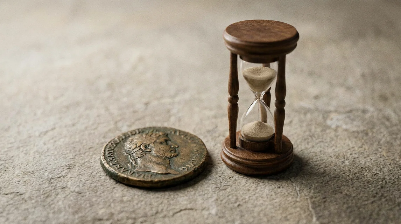 Eine einzelne Münze neben einer kleinen Sanduhr