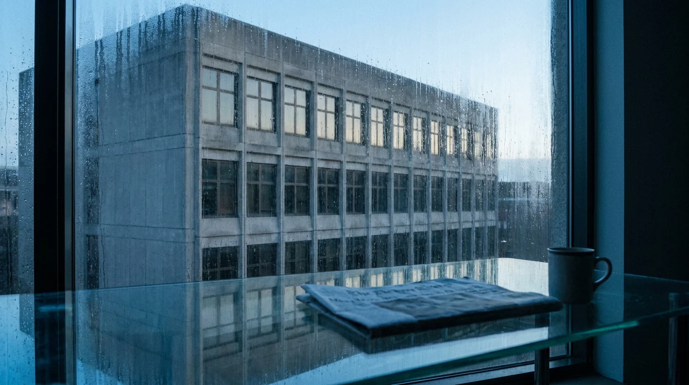Eine schlichte Amtsfassade spiegelt sich in einer Glasfläche