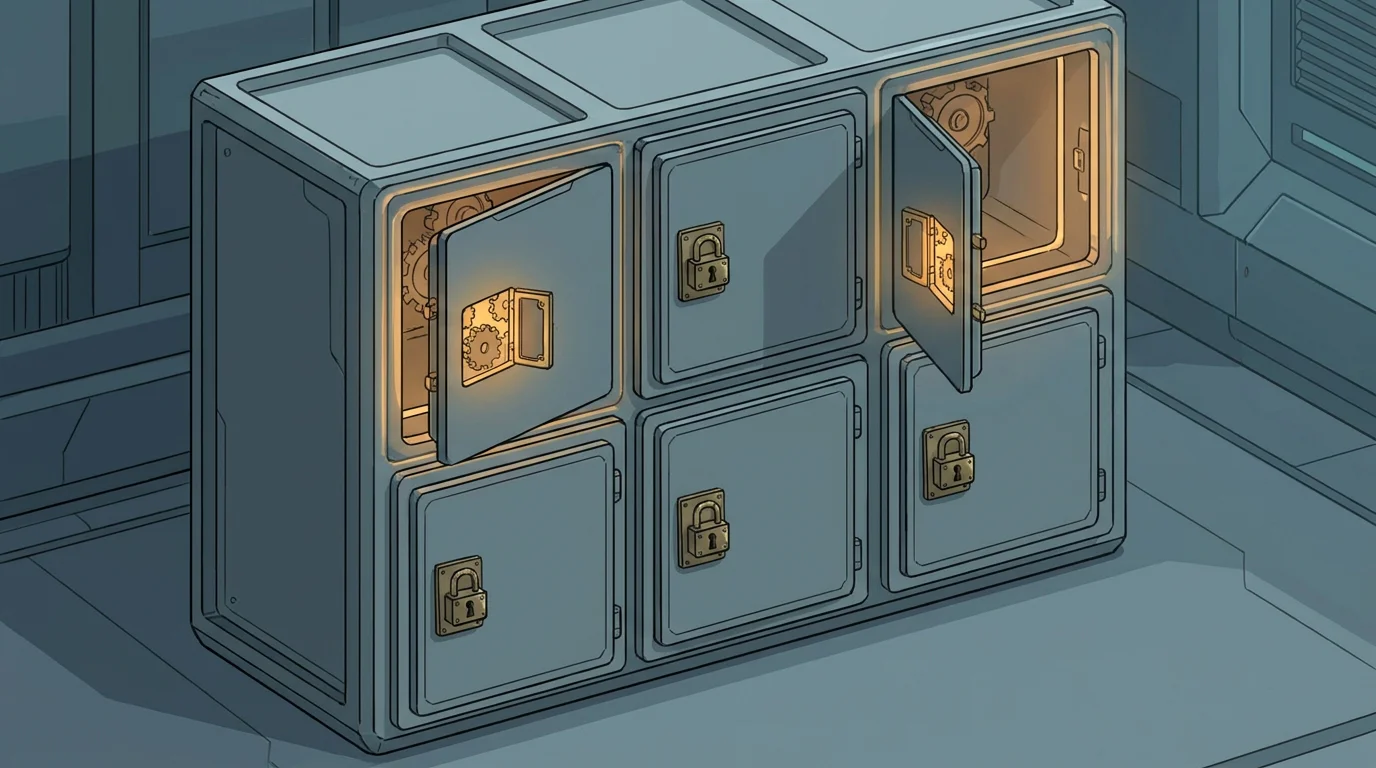 Sechs getrennte Fächer in einem Schrank, jedes mit eigenem Schloss