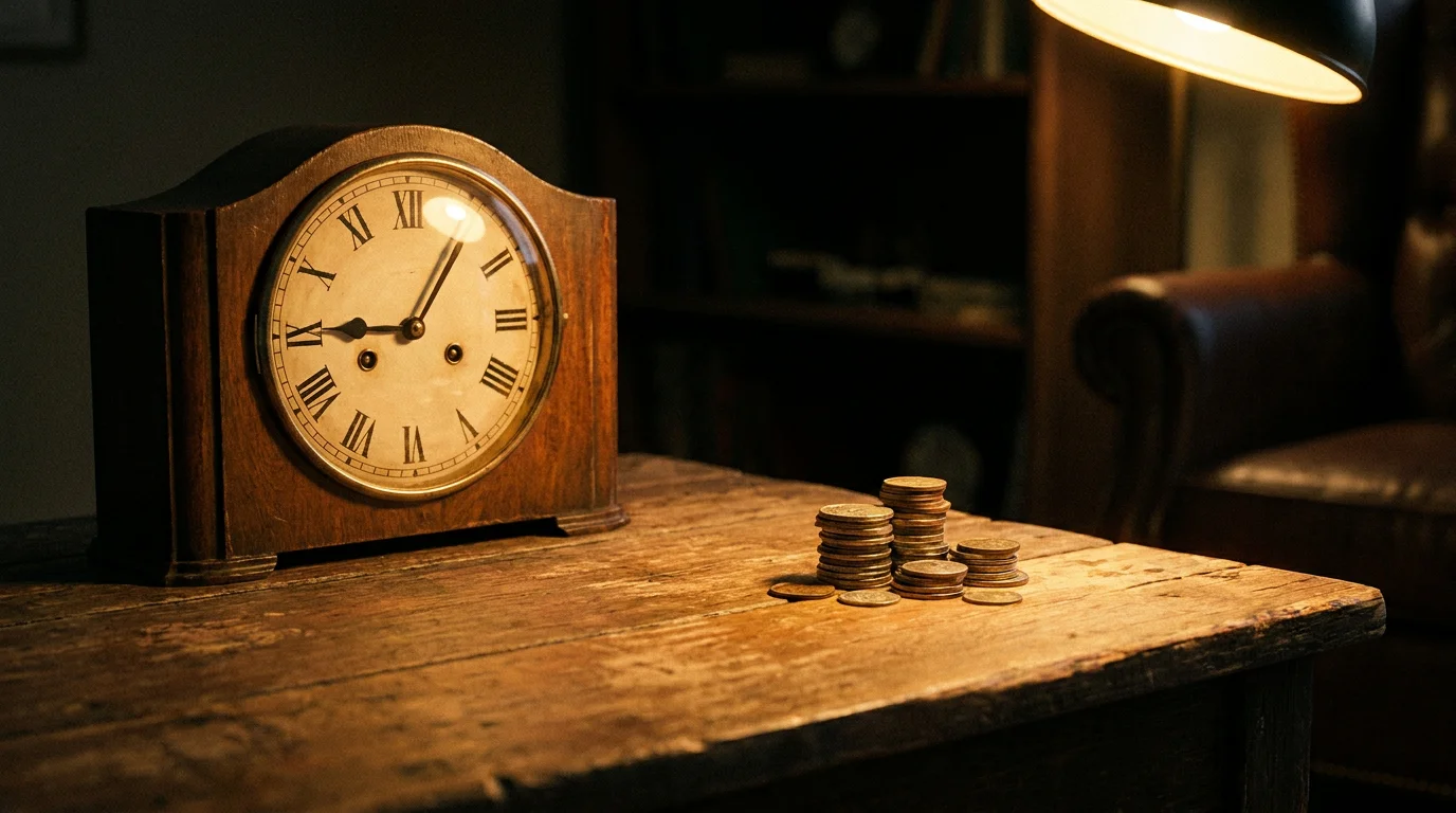 Eine Wanduhr am späten Abend neben einem kleinen Münzstapel