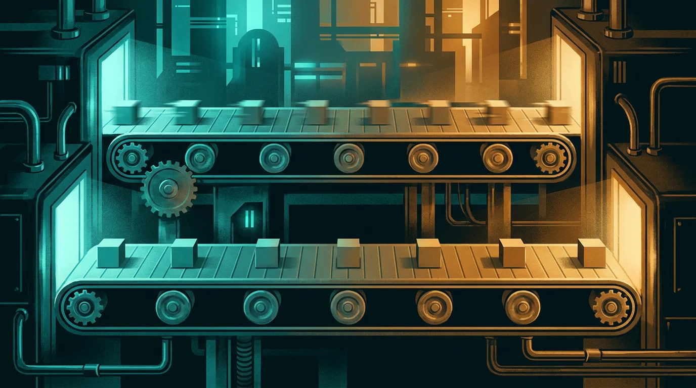 Zwei Förderbänder mit gleichen Gegenständen, aber sichtbar verschiedener Geschwindigkeit