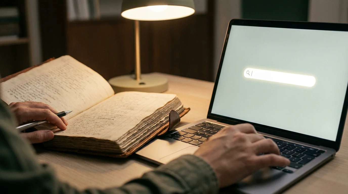 Ein aufgeschlagenes Register neben einem Laptop mit leerem Suchfeld