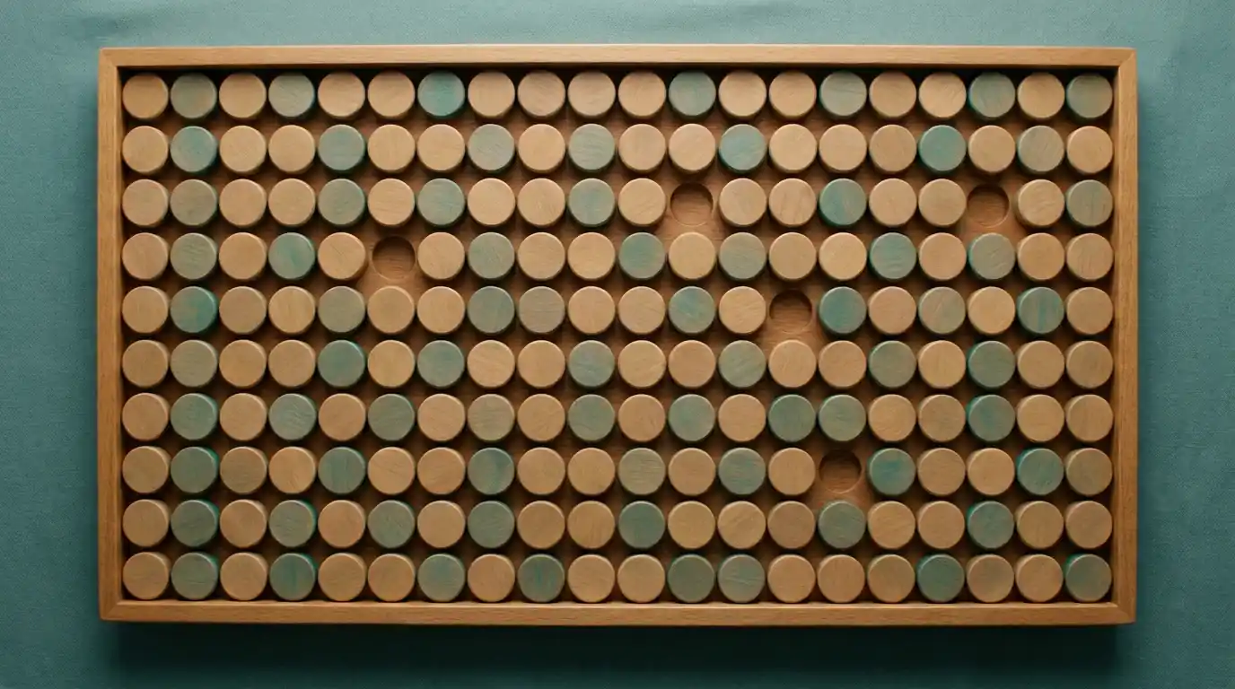 Ein Tablett mit gleichen Holzmarken, nur wenige Plaetze bleiben frei