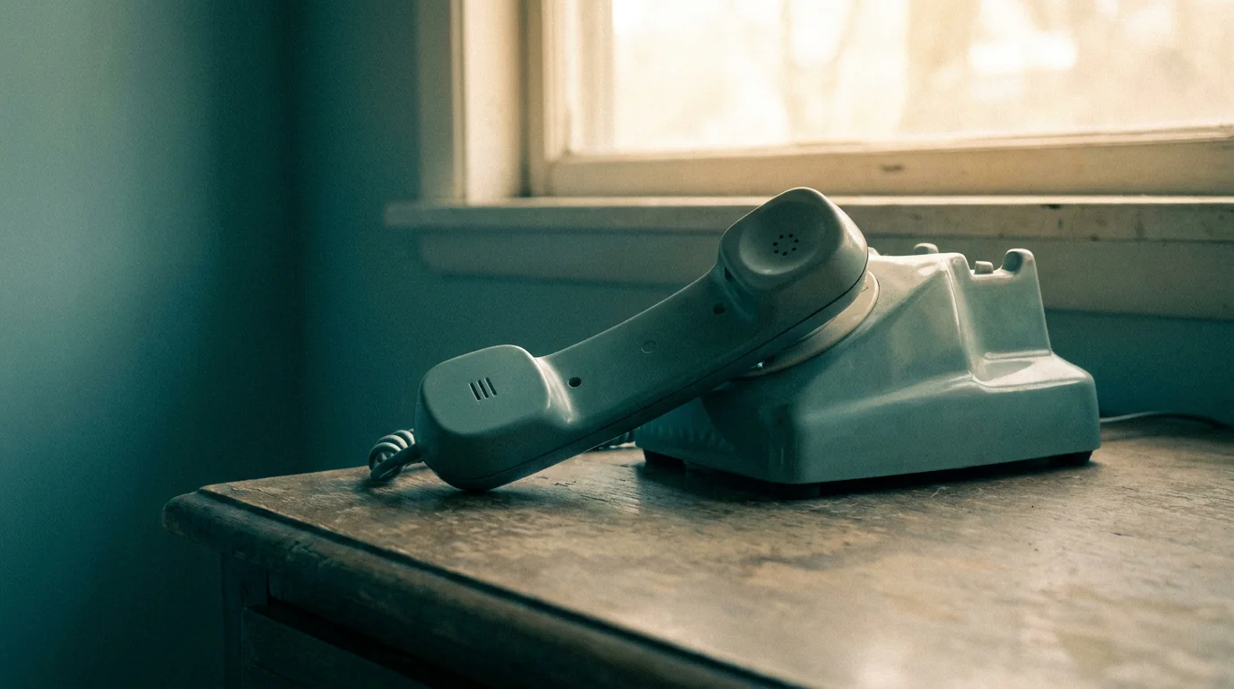 Ein Telefonhoerer liegt neben der Gabel auf einer schlichten Flaeche