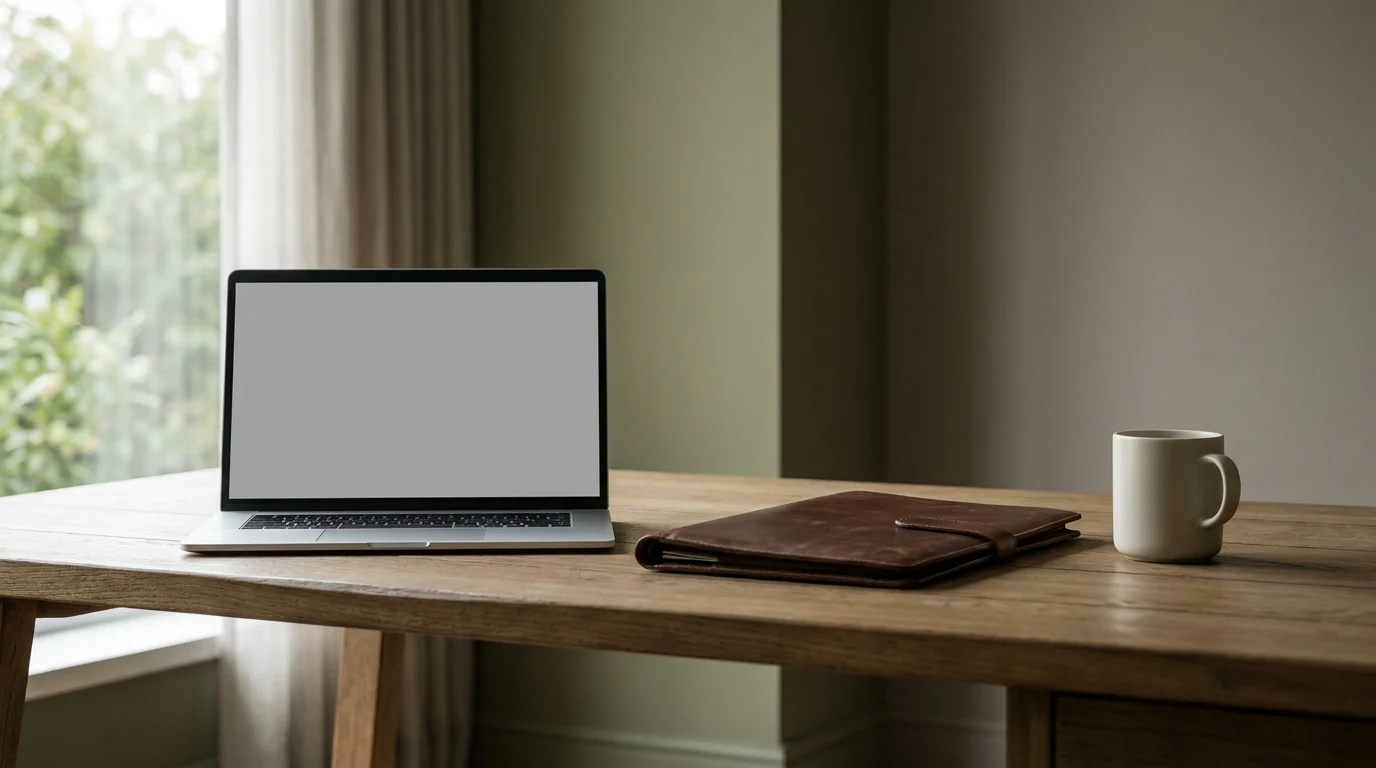 Aufgeräumter Schreibtisch mit Laptop und geschlossener Ausweishülle im Morgenlicht
