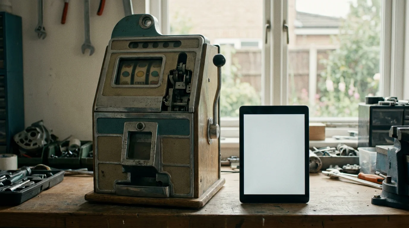 Ein Spielautomatengehäuse und ein Tablet nebeneinander auf einer Werkbank