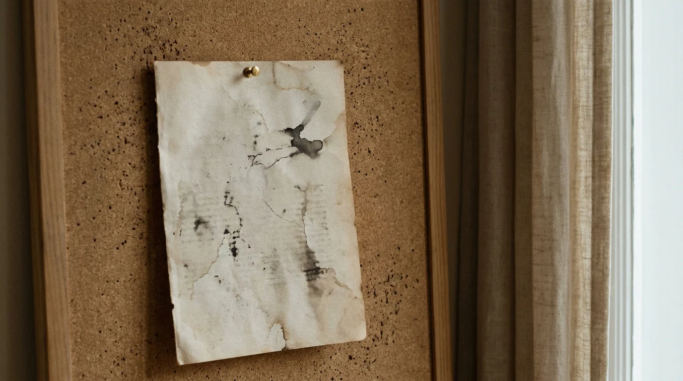 Ein einzelnes gedrucktes Blatt mit einer Messingnadel an einer Pinnwand
