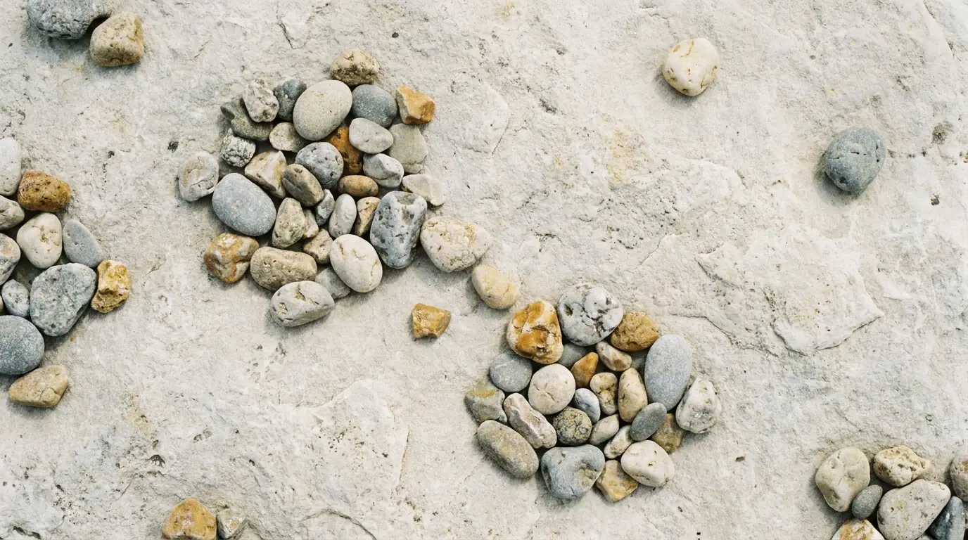 Verstreute kleine Steine, teils dicht beieinander, teils weit auseinander