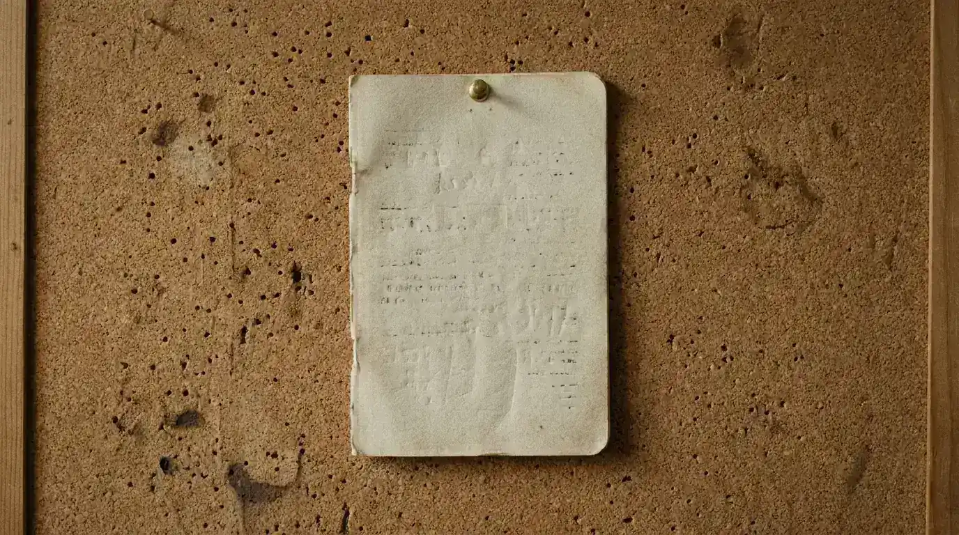 Ein einzelnes gedrucktes Blatt mit einer Messingnadel an einer Pinnwand
