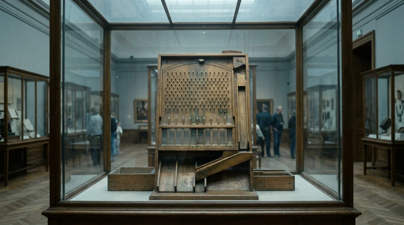 Ein historisches Anschauungsgeraet mit Stiften und Auffangfaechern in einer Vitrine