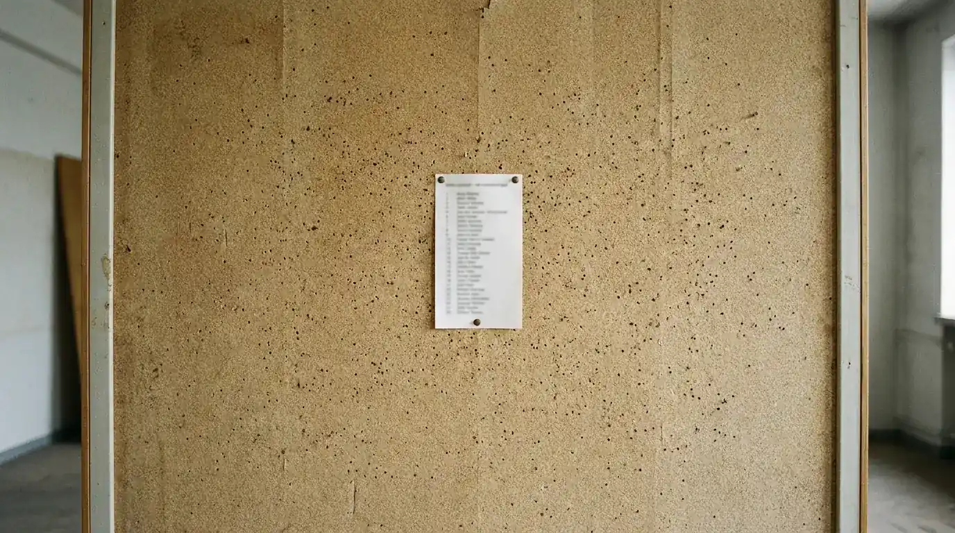 Eine kurze gedruckte Liste an einer grossen leeren Pinnwand