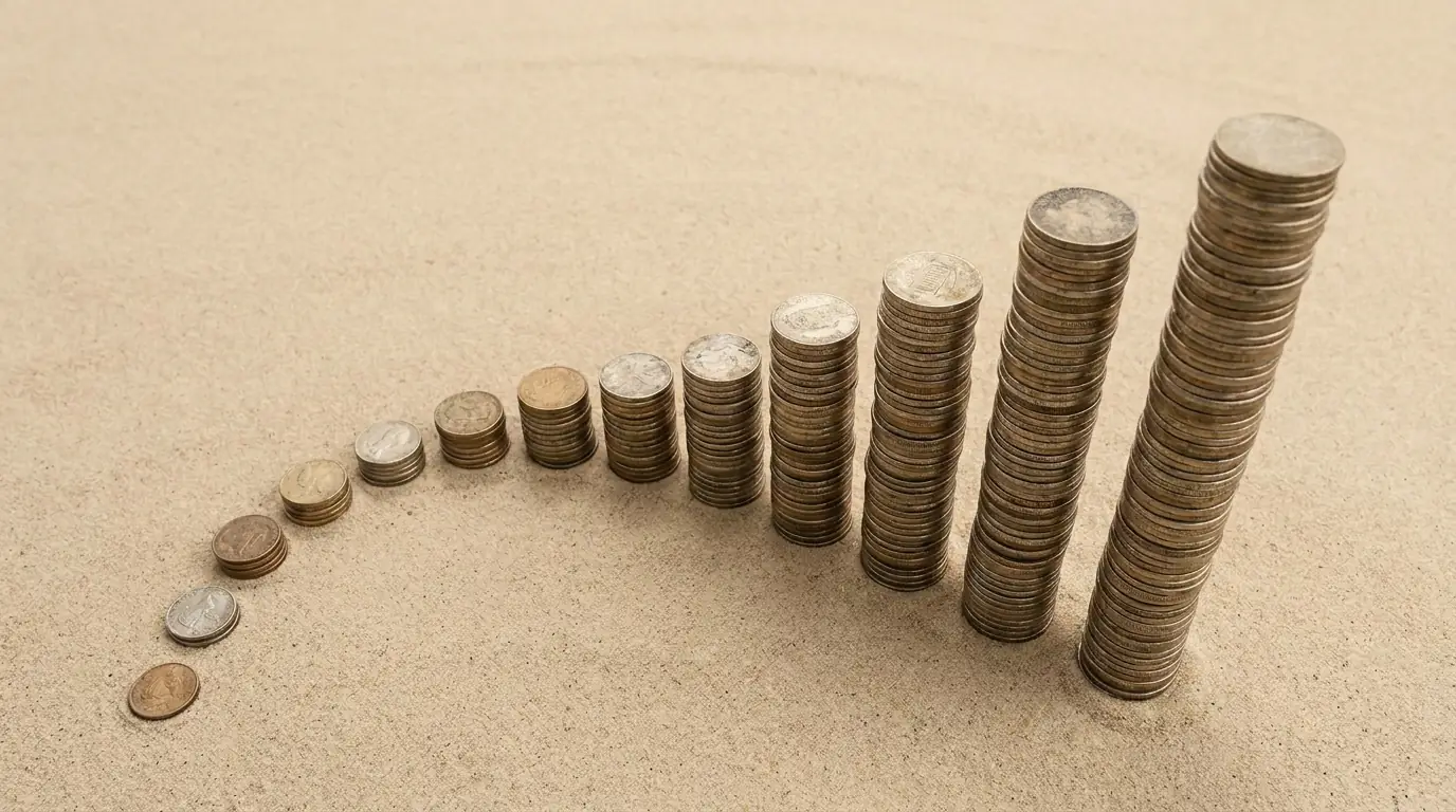Eine Reihe Muenzstapel von sehr klein bis sehr gross