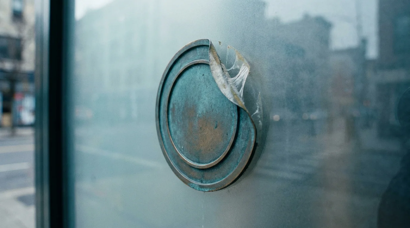 Ein rundes Emblem loest sich wie ein Aufkleber von einer Glasflaeche