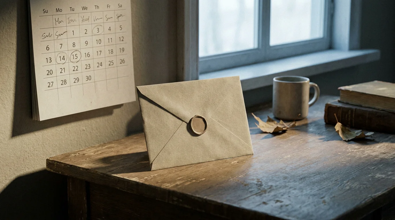 Ein verschlossener Umschlag neben einem Wandkalender