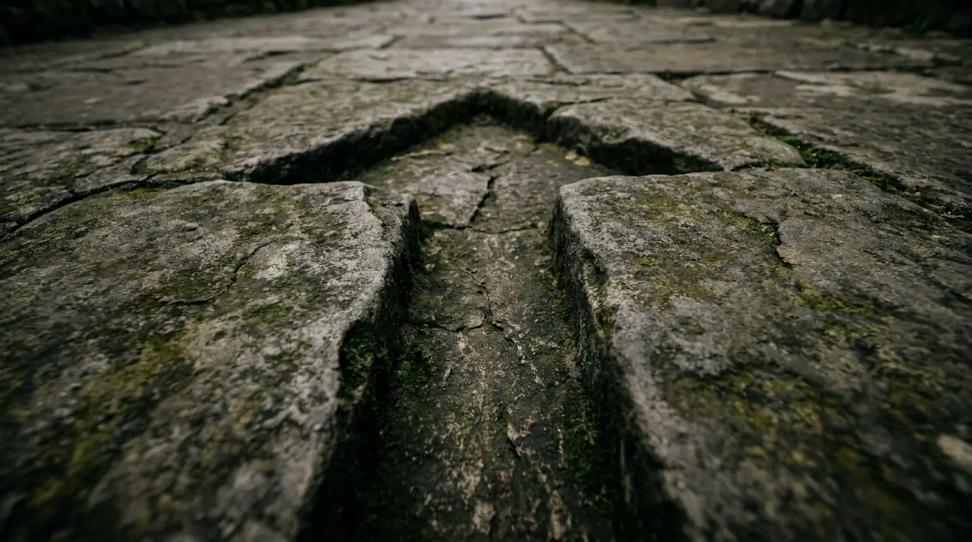Eine ausgetretene Rinne in einem Steinweg fuehrt zurueck