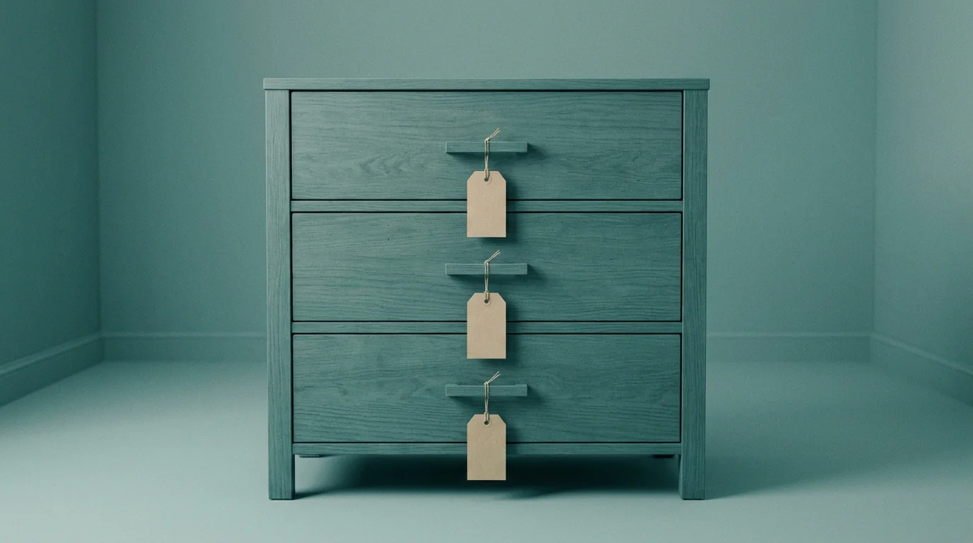 Drei Schubladen mit leeren Schildern in einem Holzschrank