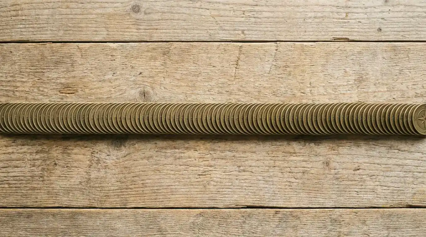 Eine lange Reihe gleicher Messingmarken auf einem Holzschreibtisch