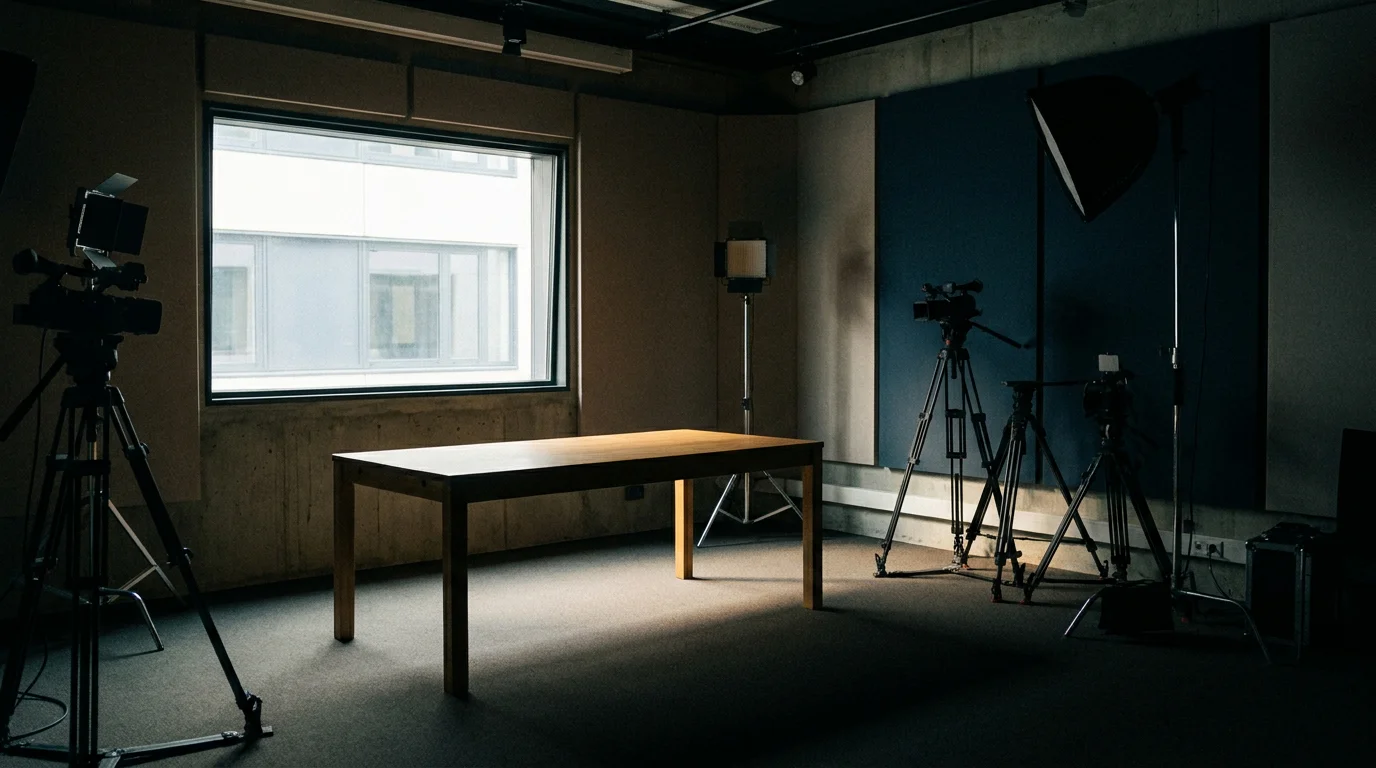 Ein leeres Sendestudio mit einem beleuchteten Tisch und Stativen