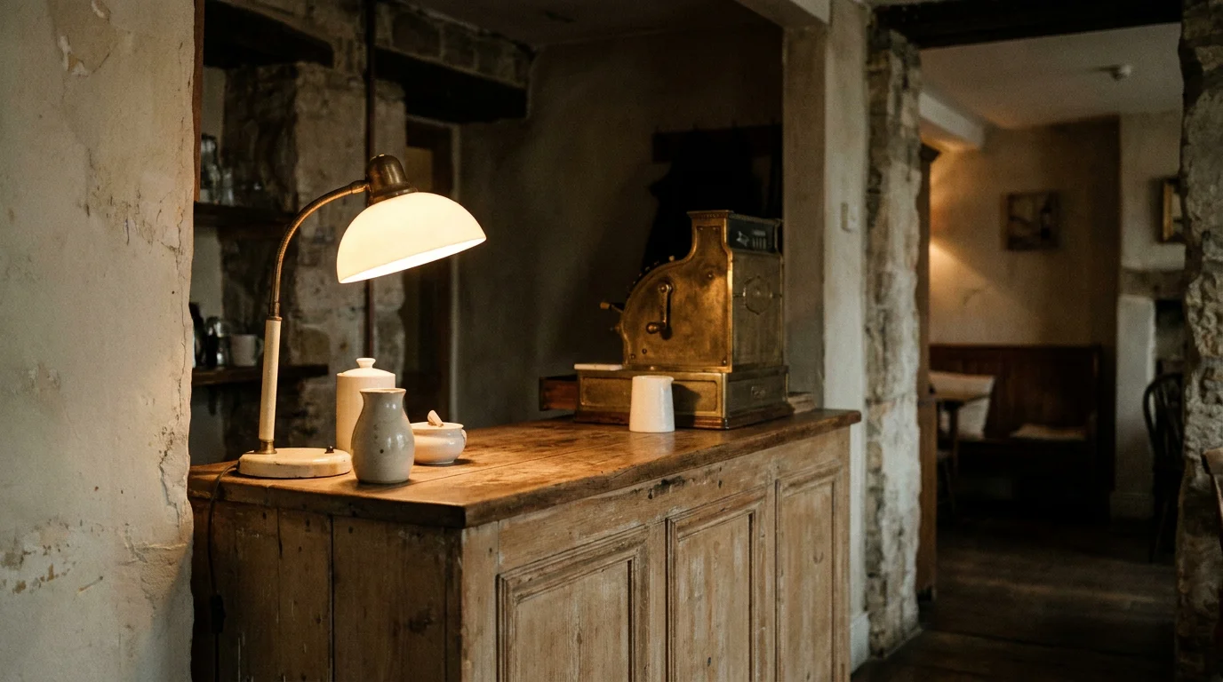 Ein leerer Zahltresen in einem kleinen Lokal mit einer Lampe