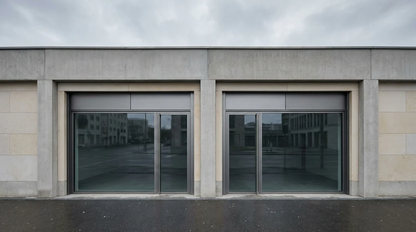 Reihe gleichförmiger Schaufenster einer schlichten Ladenzeile bei bedecktem Himmel