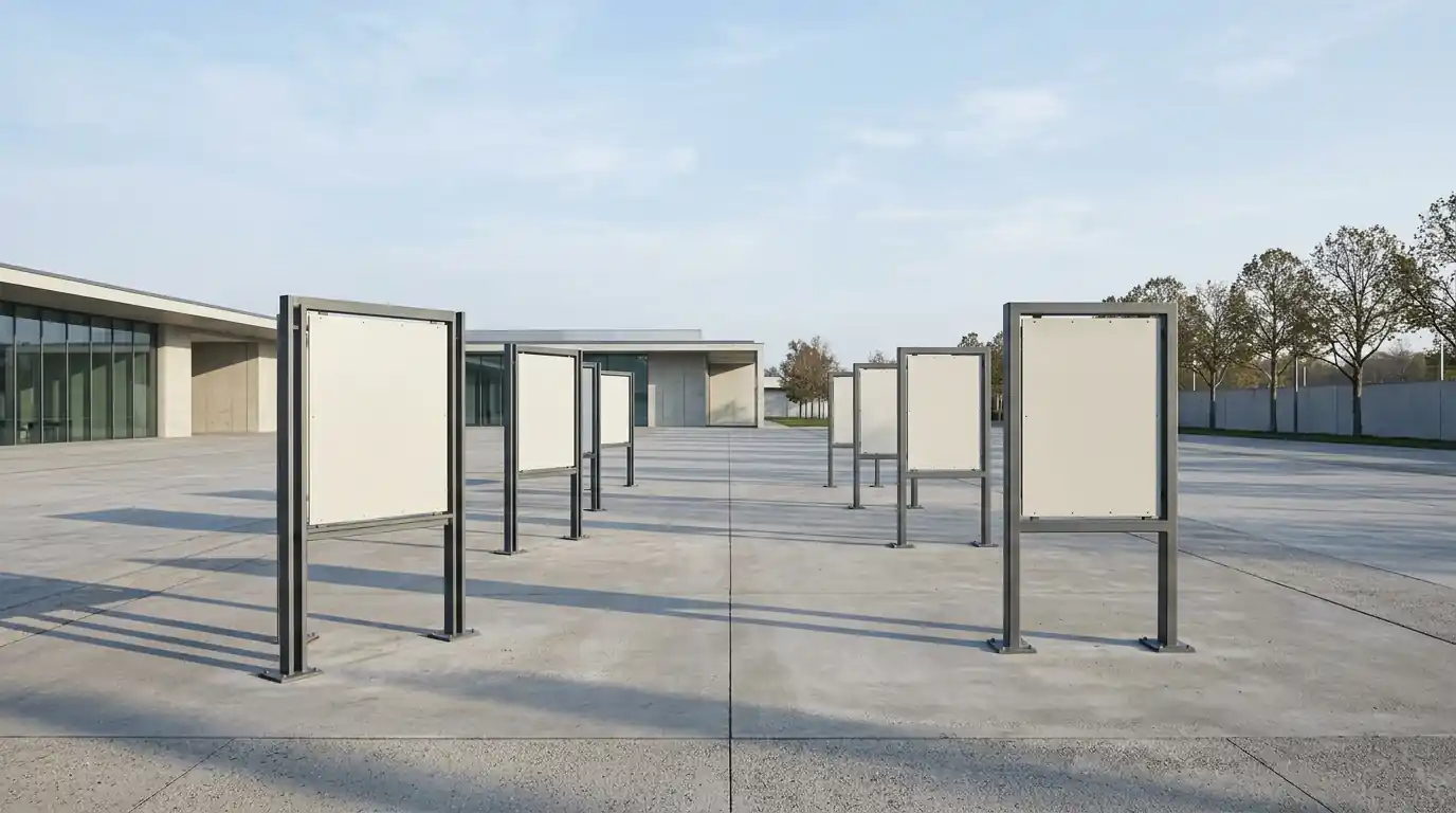 Sechs Schilder in zwei getrennten Reihen auf einem Vorplatz