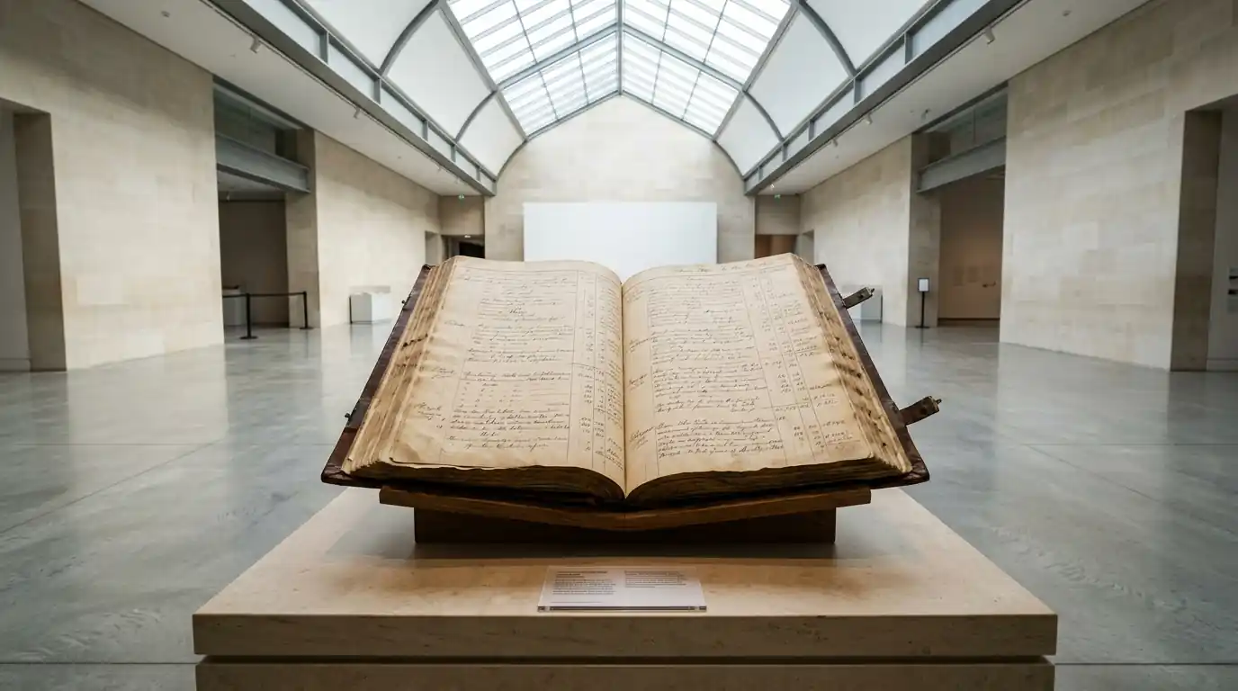 Ein offenes Hauptbuch auf einem Sockel im hellen Ausstellungsraum