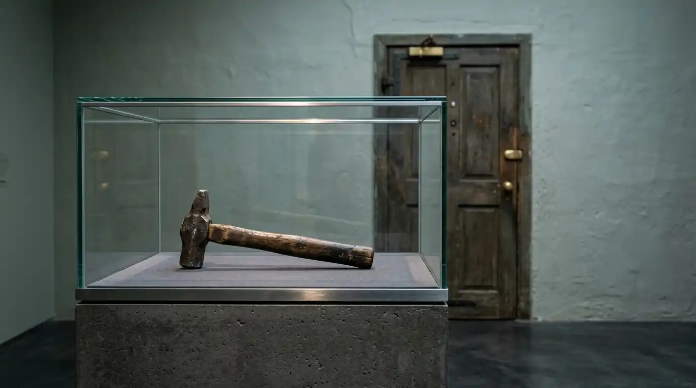 Ein Werkzeug in einer Vitrine, daneben eine geschlossene Werkstatttür
