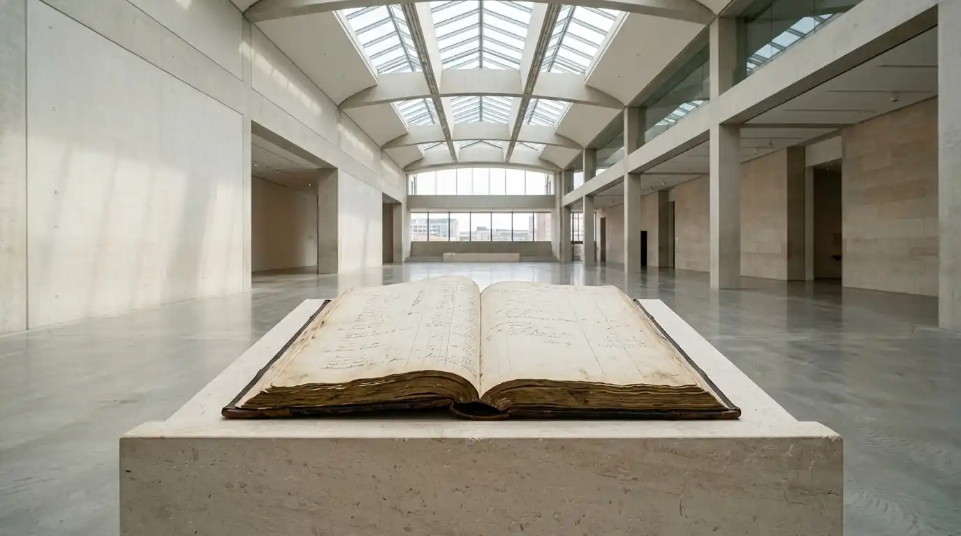 Ein offenes Hauptbuch auf einem Sockel in einem hellen Ausstellungsraum